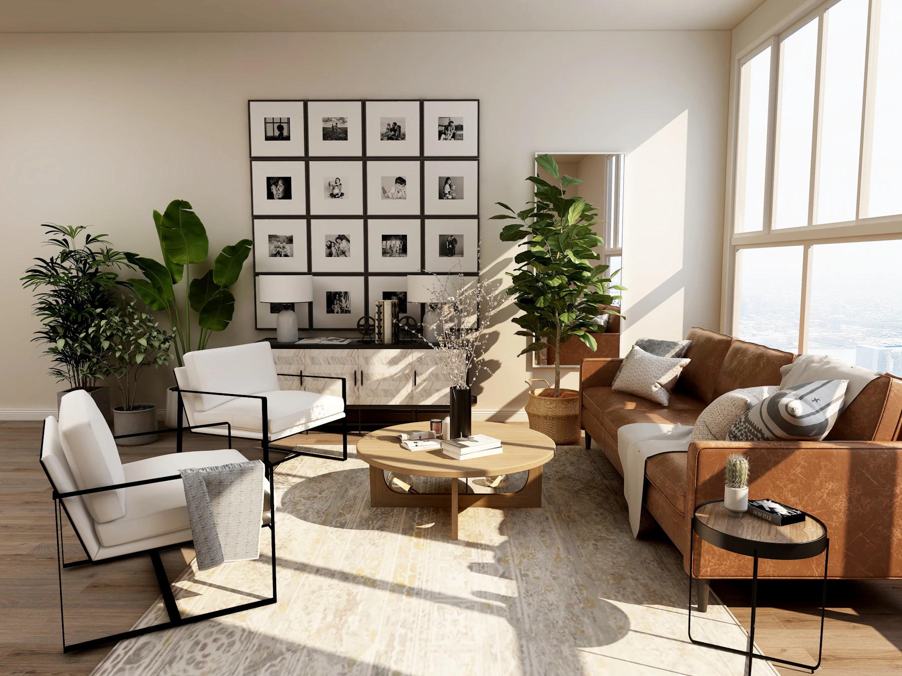 Bright finished lower-level living space with contemporary furnishings